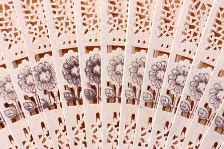 Macro shot of a fan with floral pattern; background