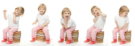 Collage image of cheerful child sitting on stacked books and posing; studio portraits of a baby girl on white backgroundの写真素材