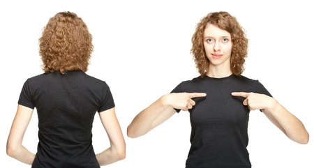 Young woman in black t-shirt isolated on white, rear view and full face; you can add your text on her t-shirtの写真素材