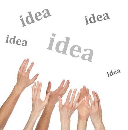 Many hands want to catch a word, you can add your text or picture, isolated over white backgroundの写真素材