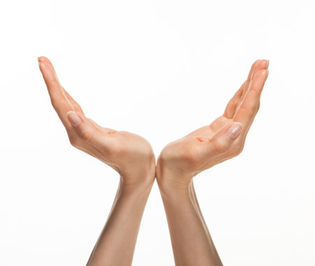 Hands holding something invisible - you can add your image there, white backgroundの写真素材