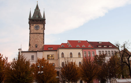 Ancient tower with clock in a Prague, general view