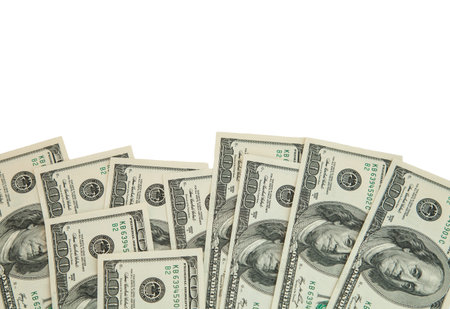 USD paper currency; many dollar banknotes isolated on white