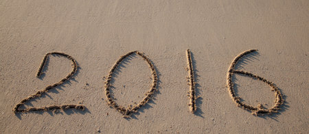 2016 drawn on sand on a sunny beach, closeup shot