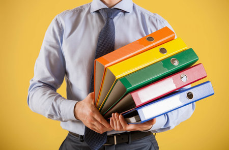 Businessman giving folders to you, closeup shotの写真素材