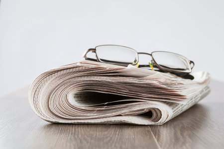 Free newspaper and glasses on the table, closeup shot