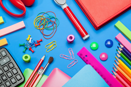Stationery set on blue backgroundの写真素材