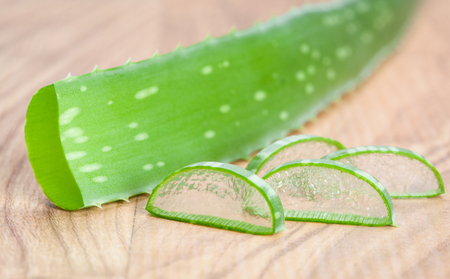 Closeup of a fresh sliced aloe on wooden backgroundの写真素材