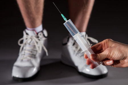 Closeup of a hand holding syringe in front of unrecognizable sportsman - doping conceptの写真素材