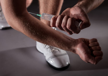 Runner using doping before race start: closeup shot of an unrecognizable sportsman doing injection