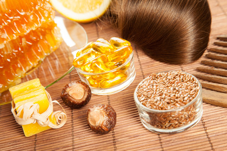 Composition of natural haircare products, bamboo backgroundの写真素材