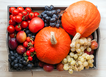 Assortment of fresh autumn fruits and vegetables on a slate salver, upper viewpointの写真素材