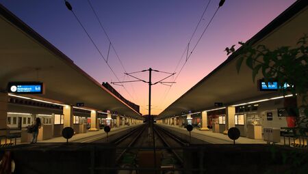 Vienna, Austria - 15 September 2019: Sunset city railway station, view on the empty platformのeditorial素材
