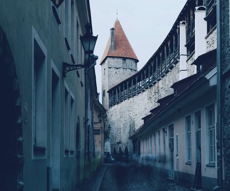 Mystical view of old Tallin, atmospheric view in dark tonesの写真素材