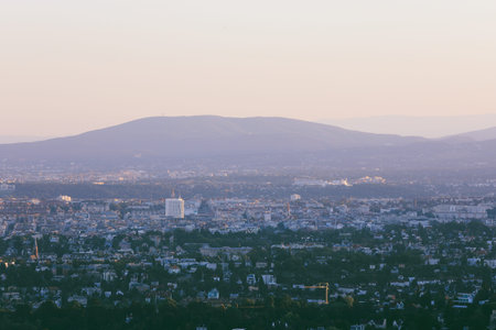 Beautiful sunset with the view of the skyline over the hills around Viennaの写真素材