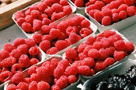 Boxes with raspberry from farmers market. Viennaの写真素材