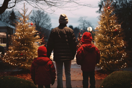 Amidst festive cheer, a decorated Christmas tree illuminates a gathering of men in warm clothing, celebrating together. AI GENERATEDの素材