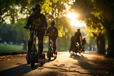 A person rides an electric scooter in a park, wearing a helmet. The road is surrounded by trees. The image captures the excitement of nighttime sports transportation.の素材