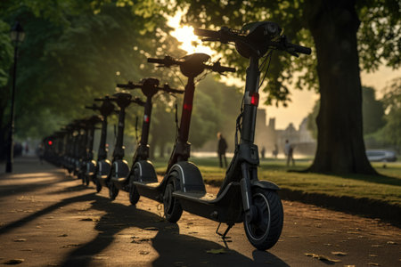 Eco-friendly transportation parked under a tree, casting a shadow in sunlight. An electric vehicle aligned with nature, showcasing eco-consciousness. (140 characters)の素材