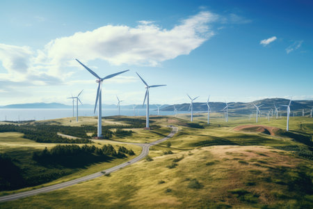 A scenic wind farm harnessing clean energy from the natural outdoors, showcasing eco-friendly wind power generation and sustainable resources.の素材