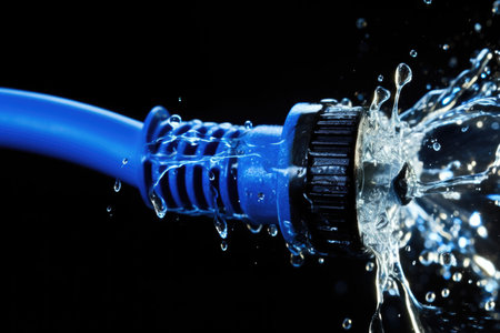 Energetic blue water droplets cascade against a black background, creating a vibrant and dynamic display in this bright, macro capture.の素材