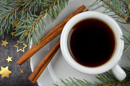 Fresh coffe with christmas decorationsの写真素材