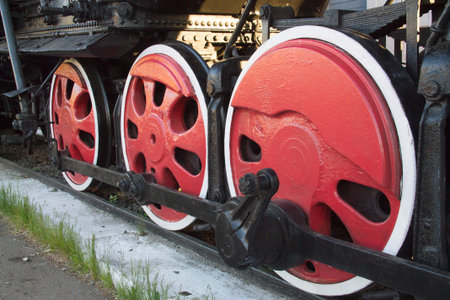Retro train carriage, partly red train wheel close-up. historical train.