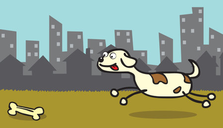 A happy dog approaching a bone on a grass in the middle of a city  well layered vector file  ai10のイラスト素材