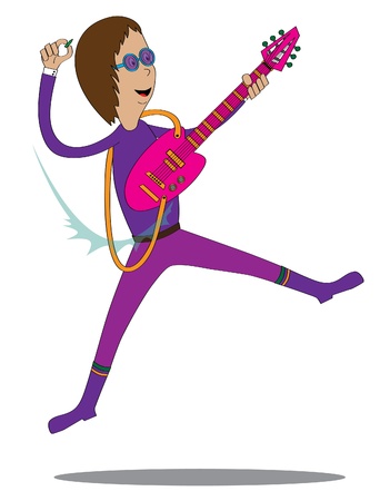 A rocker jumping while playing his guitar     Features  - well layered vector file for easy color changes - saved as an AI10-compatible EPS - using transparency for the eye glassesのイラスト素材
