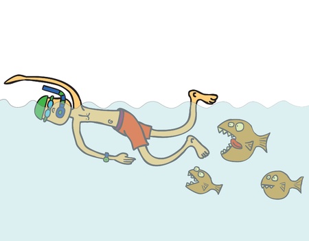 Some piranhas run after a swimming guy   Vector EPS 10   Well layered Using Clipping maskのイラスト素材