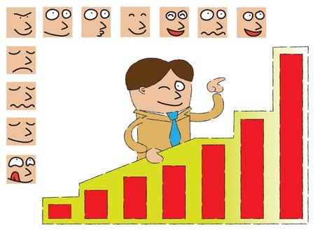 A businessman standing behind a graphic analysis board pointing the highest chart ,and surrounded by face expressions  Help him to find the best expression by dragging them one by one onto his face  - vector  ai10 eps file  - well layered - gradient effecのイラスト素材