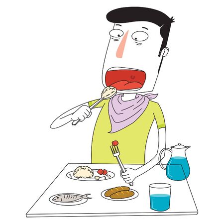 man eating some delicious foods happilyのイラスト素材