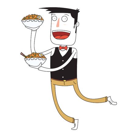 waiter bring some bowls of noodlesのイラスト素材