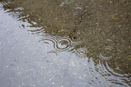 Going away circles in a puddle during a rainの写真素材