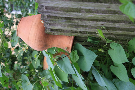 decorative clay vase on wooden fenceの写真素材