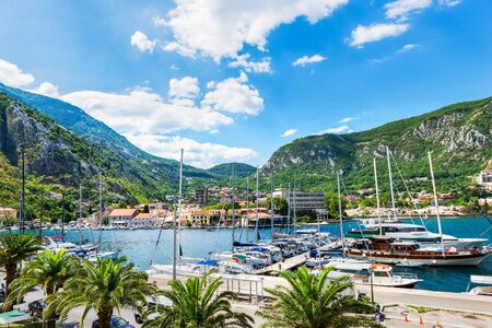 Moored yahts in the harbor of Kotor at summer day, Montenegroの写真素材