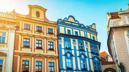 Coloured houses on Old Town Square in Prague at sunriseの写真素材