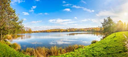 Panorama of autumn parkの写真素材