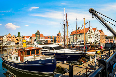 Yachts moored in harbor of Gdansk on a sunny summer day, Poland