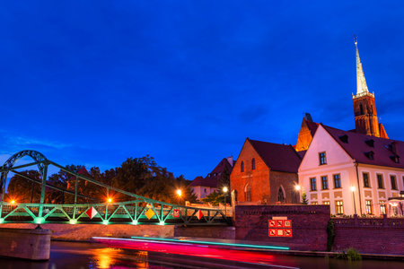 Old architecture on the Island on river Odra in Wroclaw at night, Poland