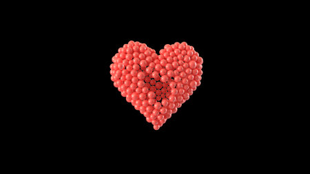 Heart shape made out of shiny sphere on black background. Valentine's Day. 3D rendering.の写真素材