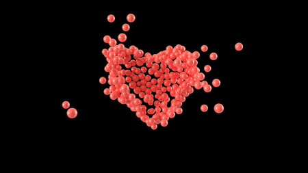 Heart shape made out of shiny sphere on black background. Valentine's Day. 3D rendering.の写真素材