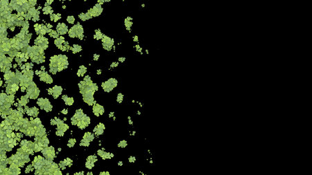 Green clover covering the screen on black background. 3D rendering.