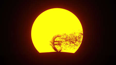 Silhouette of growing tree in a shape of a euro sign. 3D rendering.の写真素材