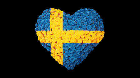 Sweden National Day. June 6. Heart shape made out of flowers on black background. 3D rendering.の写真素材