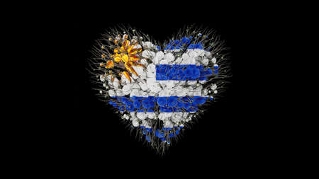 Uruguay National Day. August 25. Independence Day. Heart shape made out of flowers on black background. 3D rendering.の写真素材