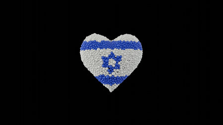 Israel National Day. Independence Day. Heart shape made out of shiny spheres on black background. 3D rendering.の写真素材