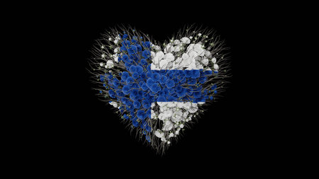 Finland National Day. Independence Day. December 6. Heart shape made out of flowers on black background. 3D rendering.の写真素材
