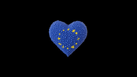 European Union. Europe Day. May 9. Heart shape made out of shiny sphere on black background. 3D rendering.の写真素材