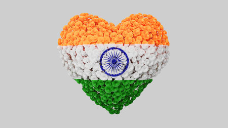 India National Day. August 15. Independence Day. Heart shape made out of flowers on white background. 3D rendering.の写真素材